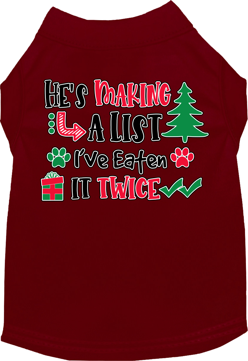 He's Making a List... Screen Print Dog Shirt Maroon Size LG